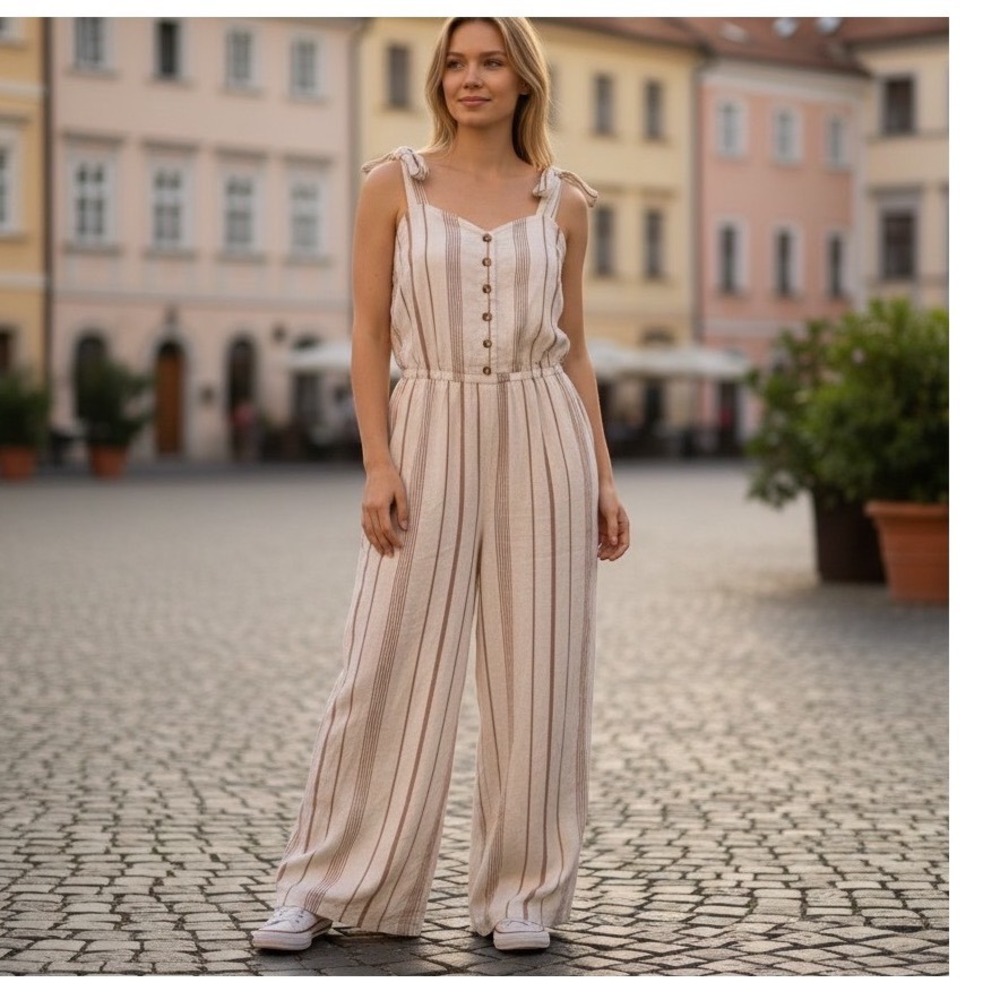 ModCloth Womens Striped Wide Leg Jumpsuit Tie Strap Button Front Cream Brown L